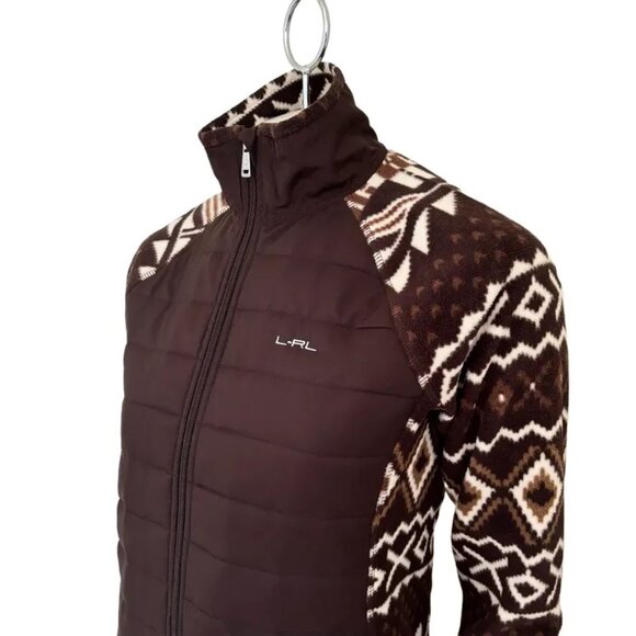 RALPH LAUREN Full Zip Quilted Fleece Tribal Print Jacket in Brown Cream SZ LP - Picture 4 of 11